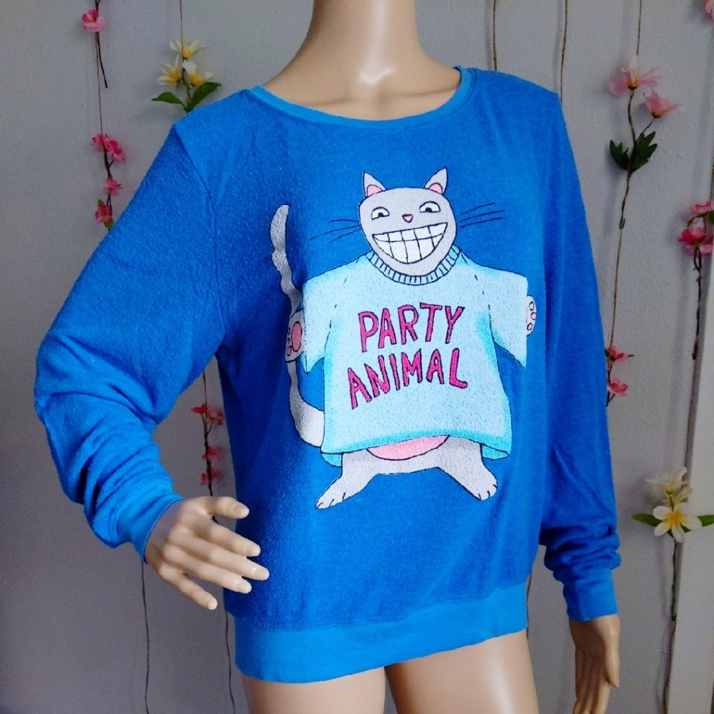 Wildfox Blue "Party Animal" Cat Sweatshirt